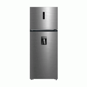 Nevera Midea 27” congelador arriba (”Top freeezer”), 14 pies cúbicos, acero.